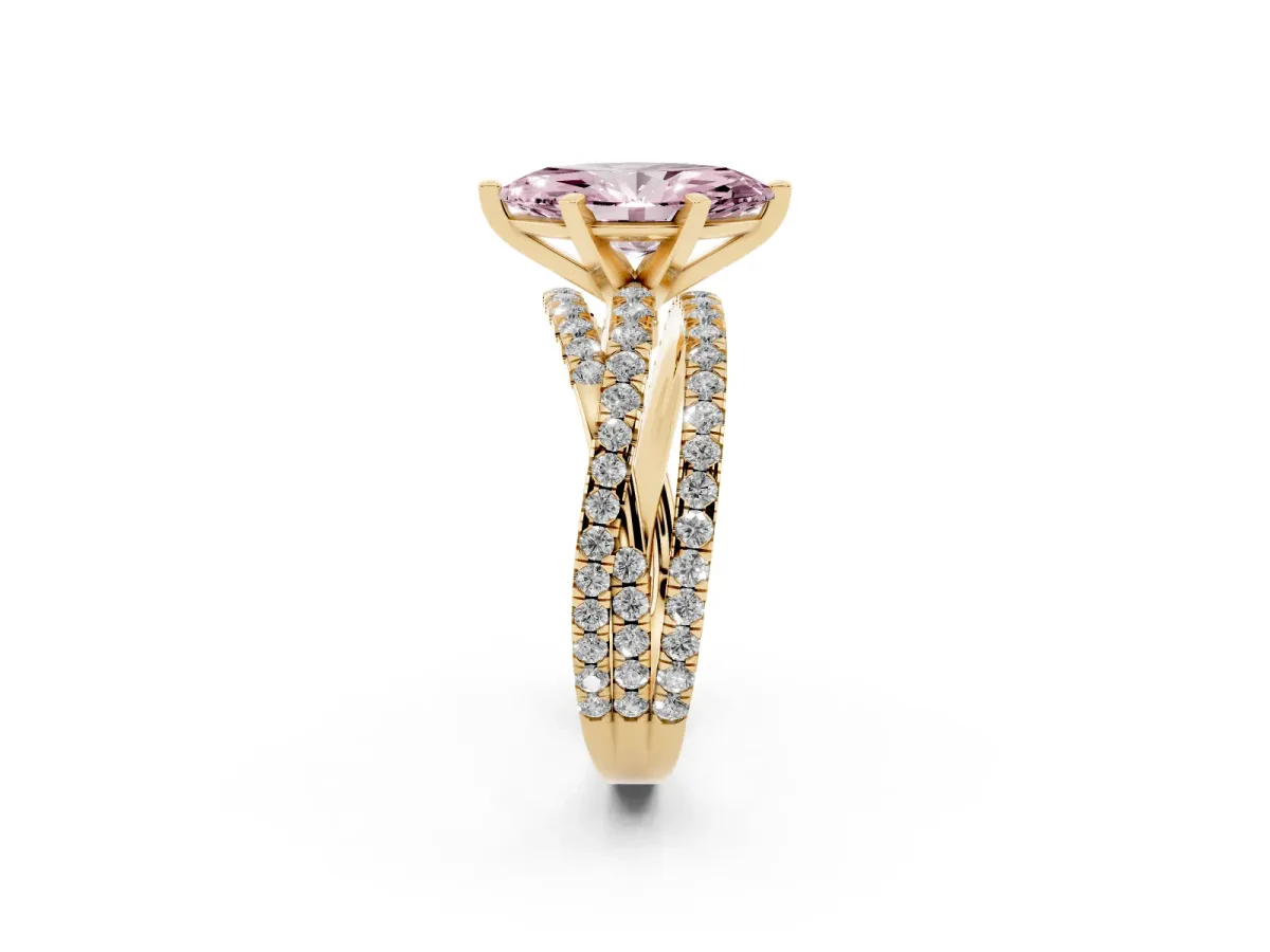 Fancy Pink Marquise Cut Solitaire Twist Band with Pavé Setting and Four-Prong Setting Yellow gold