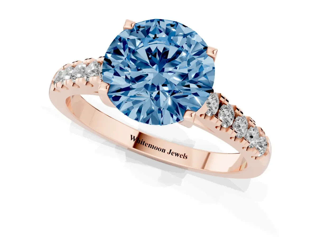 Fancy Blue Round Cut Diamond Pavé Band Solitaire Ring with Prong Setting Rose gold