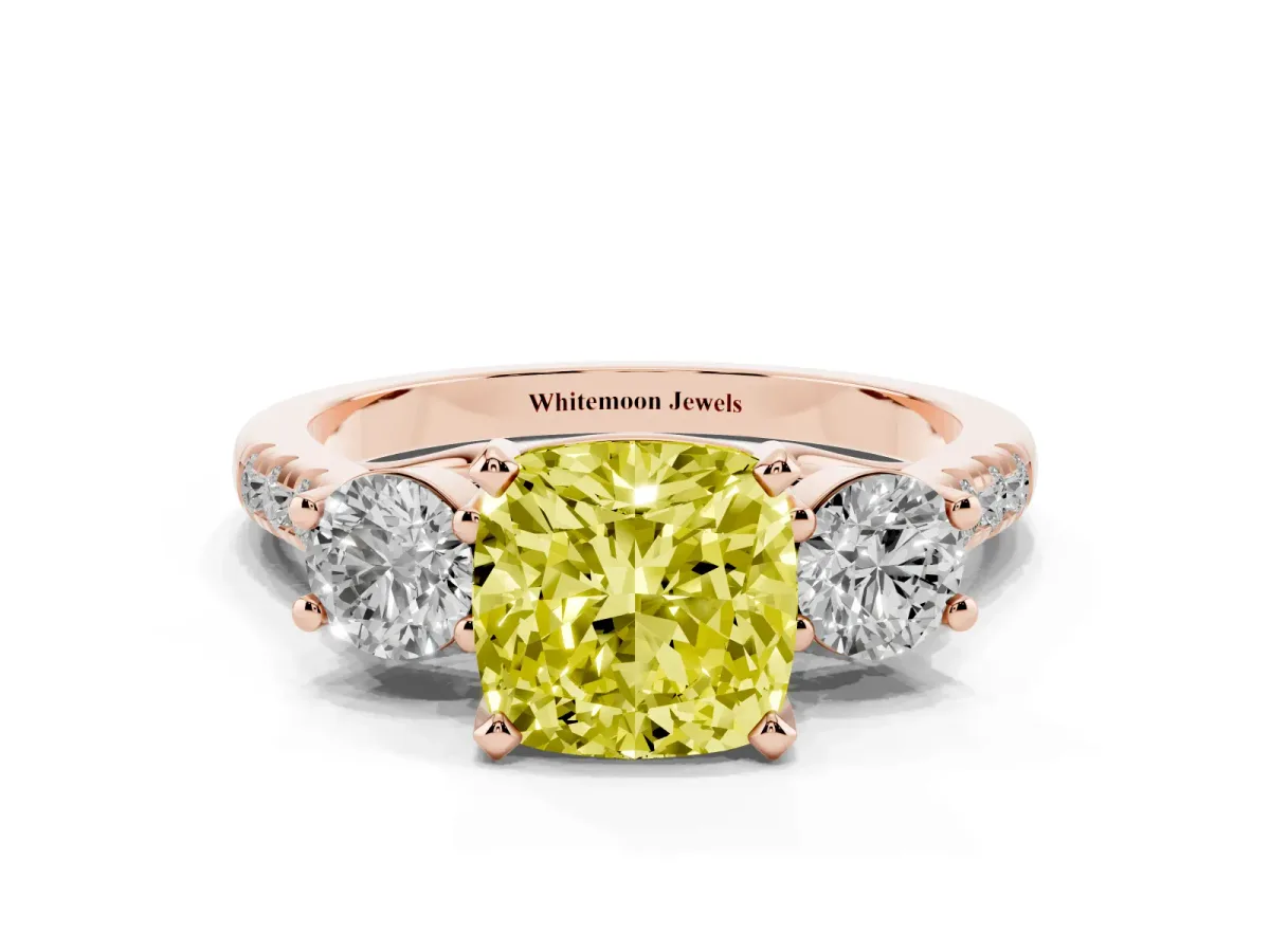 Fancy Yellow Three-Stone Cushion Cut Diamond Pavé Band with Four-Prong Setting Rose gold