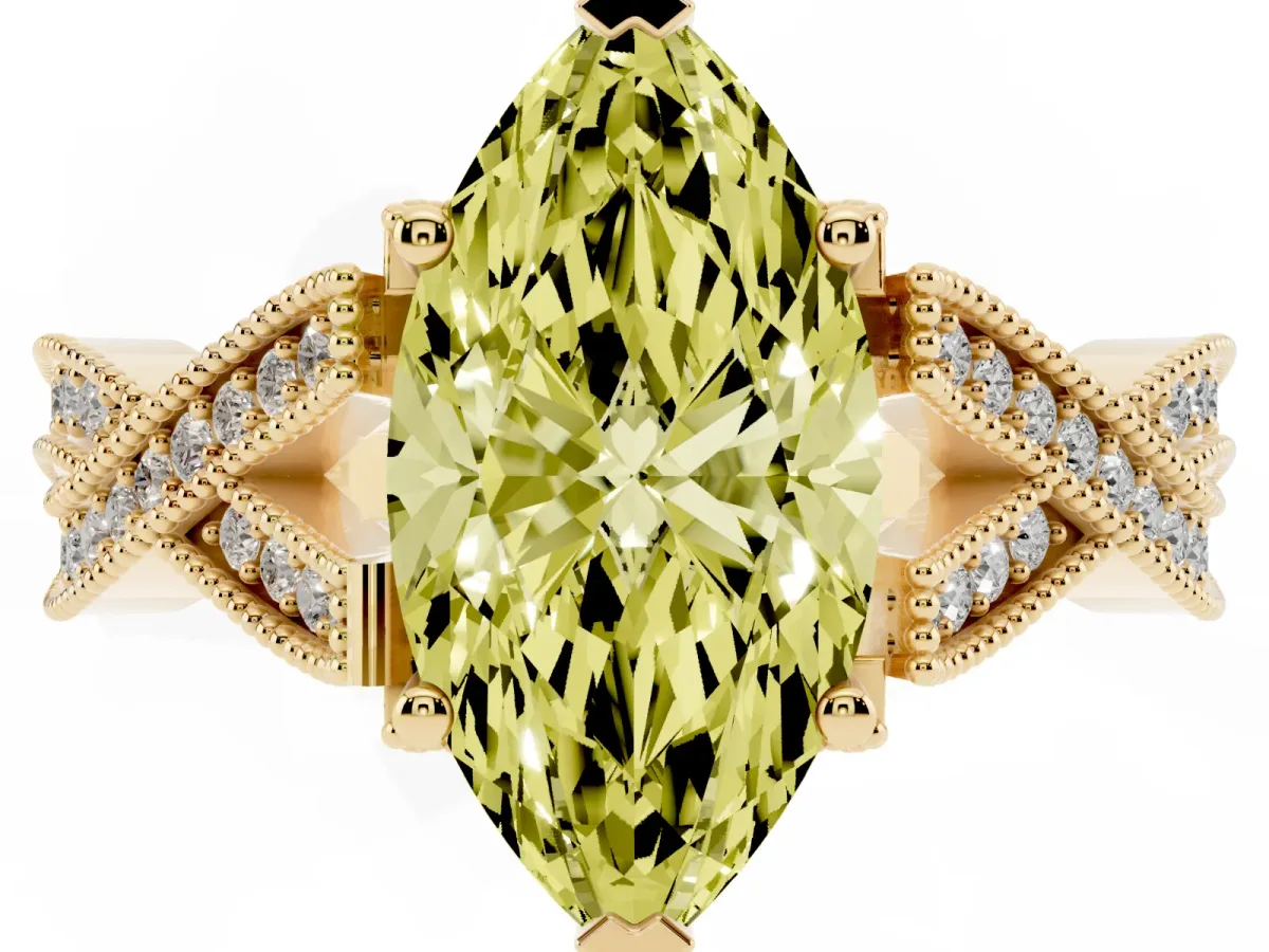 Fancy Yellow Marquise Cut Cut Diamond Twisted Band with Milgrain Pave Setting and Four-Prong Setting Yellow gold