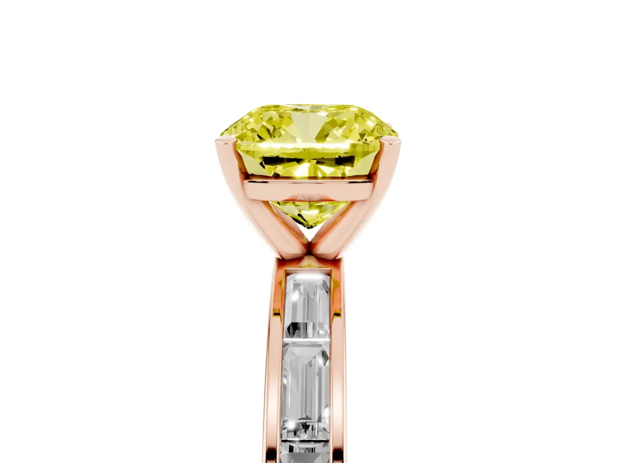 Fancy Yellow Cushion Cut Solitaire Diamond Ring with Channel-Set Baguette Band and Four-Prong Setting Rose gold