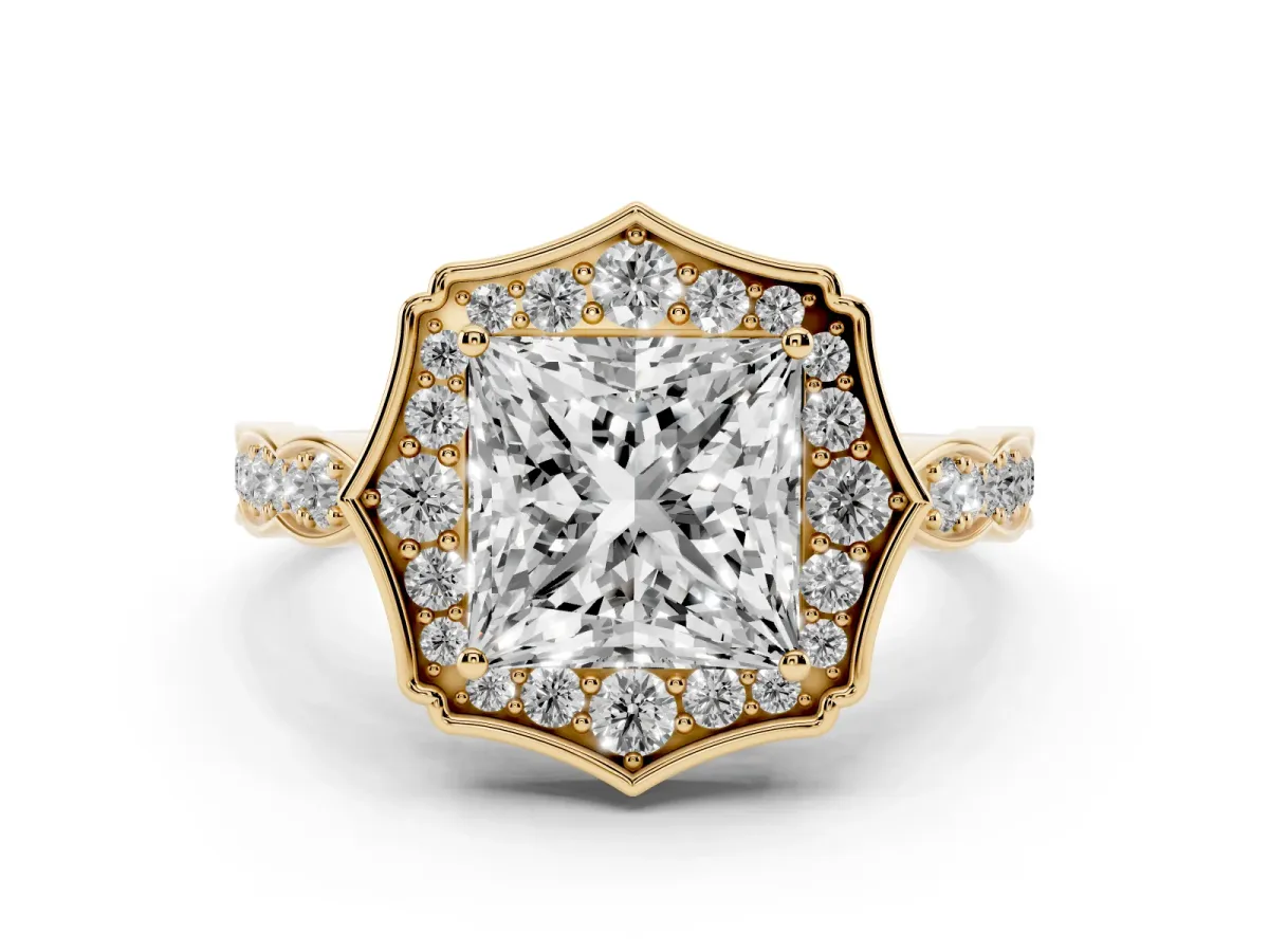 Princess Cut Halo Diamond Engagement Ring with Milgrain Band and Four-Prong Setting Yellow gold