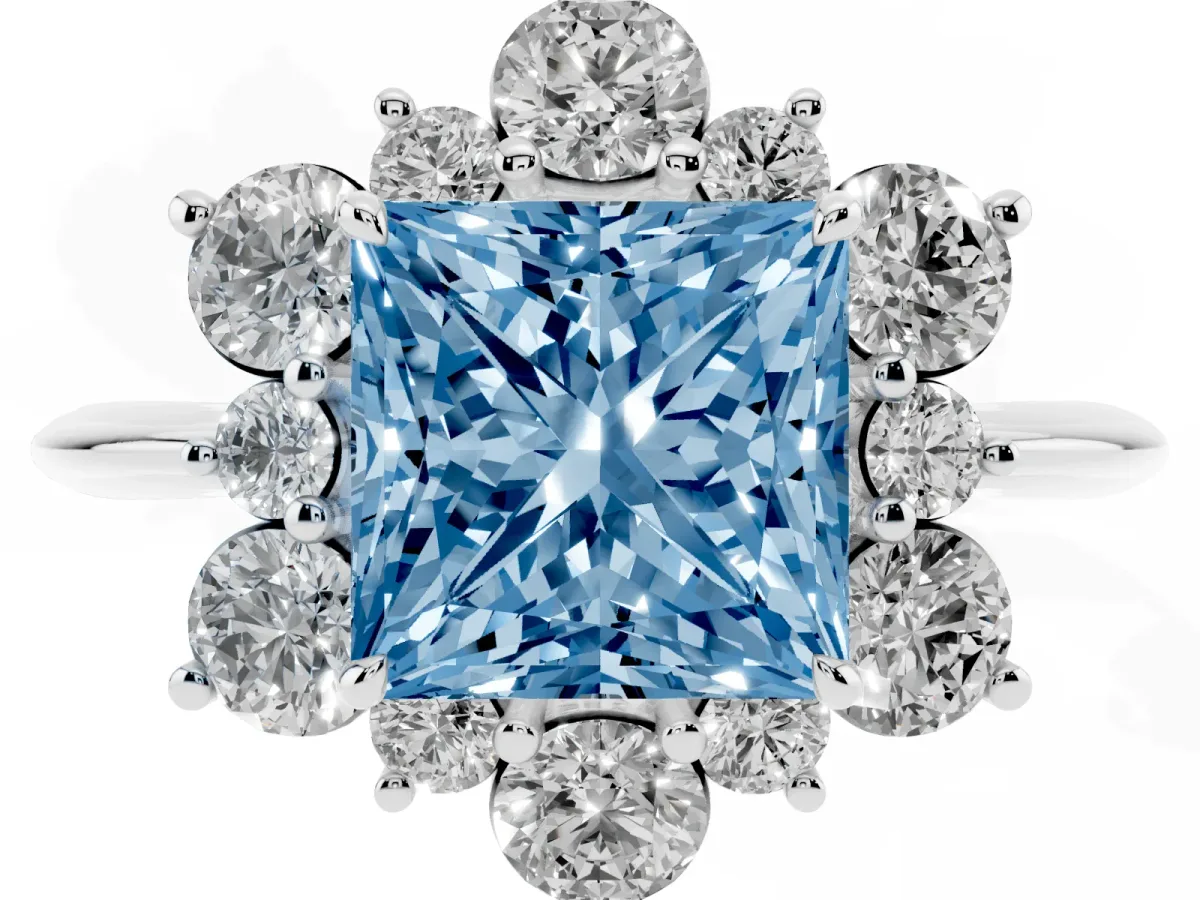 Fancy Blue Princess Cut Diamond Cluster Halo Ring with Solitaire Band and Four-Prong Setting White gold