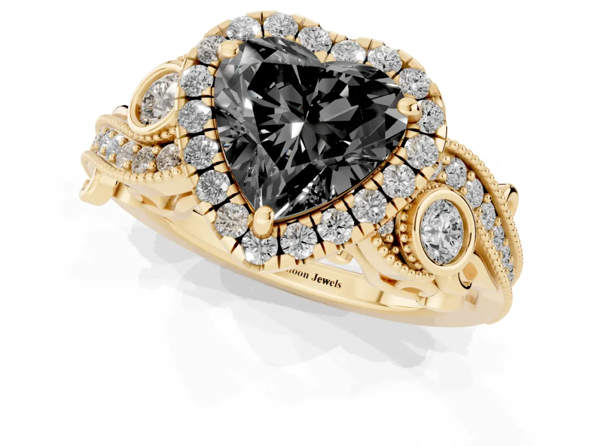 Fancy Black Heart Cut Halo Diamond Ring with Milgrain and Bezel Accents on a Split Shank Band Yellow gold