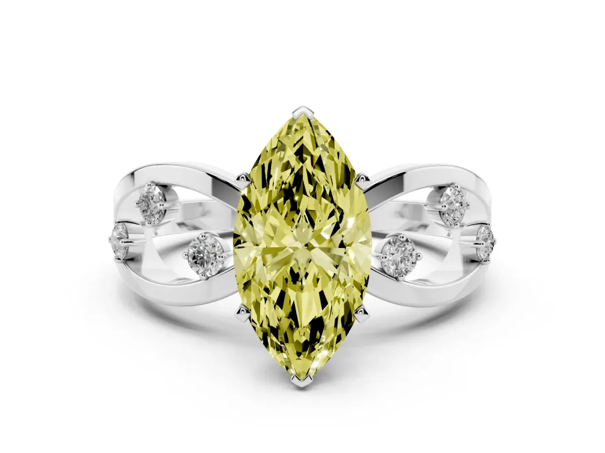 Fancy Yellow Marquise Cut Cut Solitaire Diamond with Side Stones on Criss-Cross Band and Four-Prong Setting Platinum