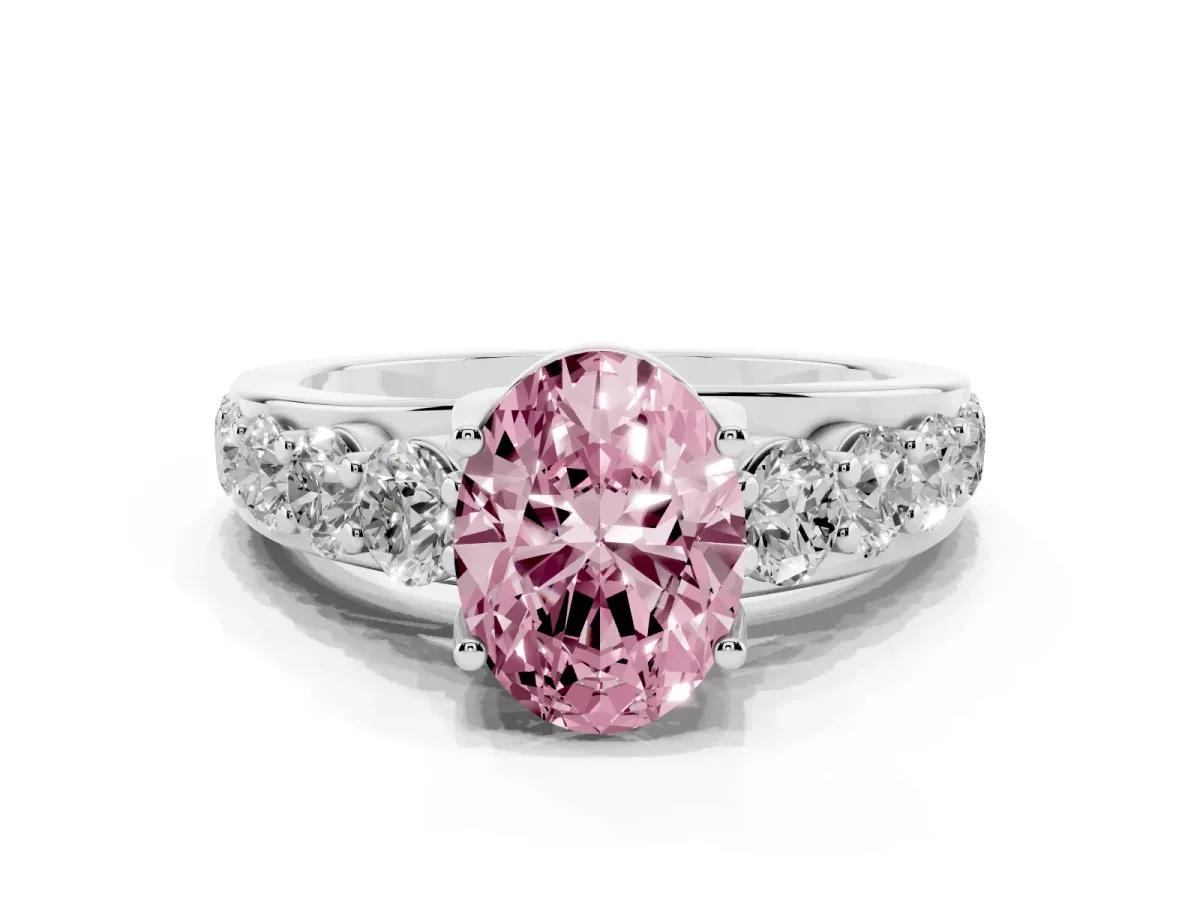 Fancy Pink Oval Cut Diamond Engagement Ring with Pavé Band and Four-Prong Setting Platinum