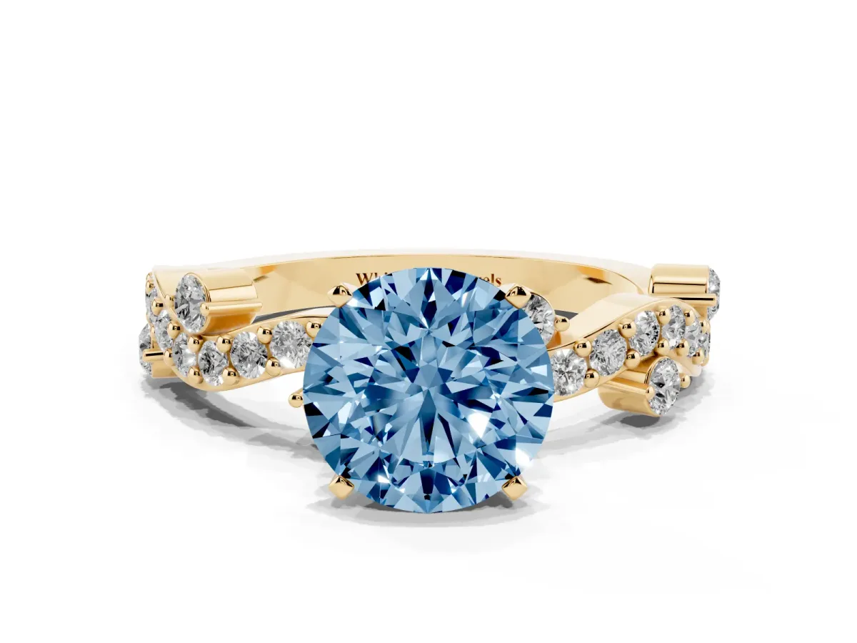 Fancy Blue Round Cut Cut Solitaire Diamond Twisted Band with Pave Setting Yellow gold
