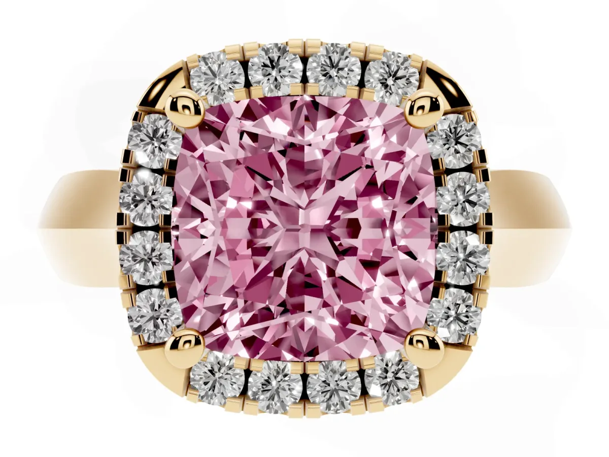 Fancy Pink Cushion Cut Cut Halo Solitaire Engagement Ring with Square Band and Four-Prong Setting Yellow gold
