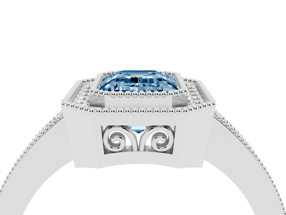 Fancy Blue Emerald Cut Cut Halo Diamond Ring with Pavé Band and Milgrain Prong Setting Platinum