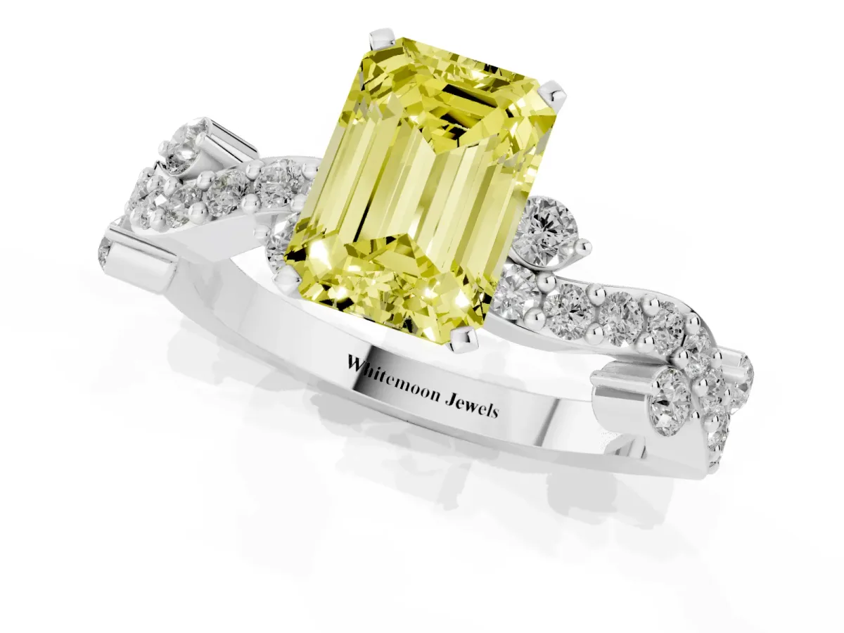 Fancy Yellow Emerald Cut Cut Solitaire Diamond Twisted Band with Pave Setting Silver