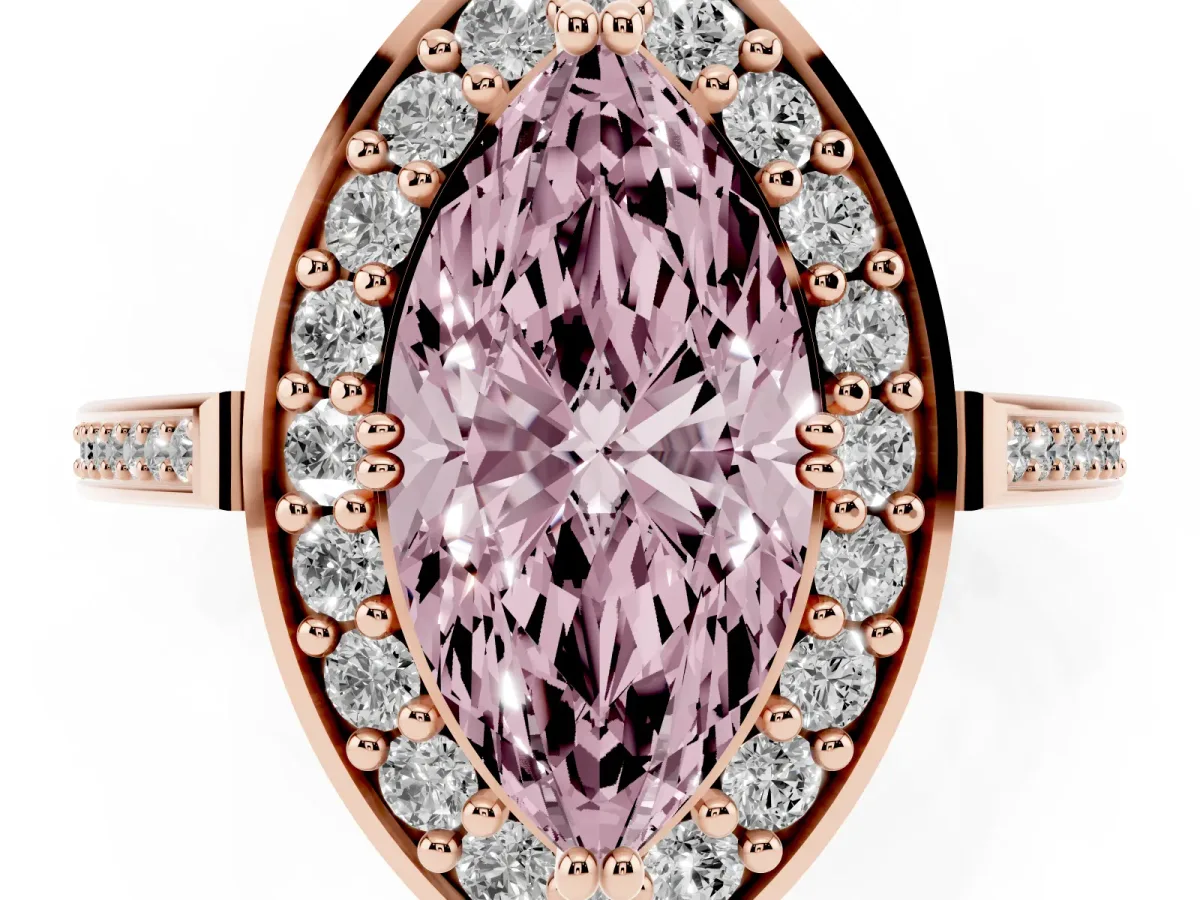 Fancy Pink Marquise Cut Diamond Halo Ring with Split Shank and Four-Prong Setting Rose gold