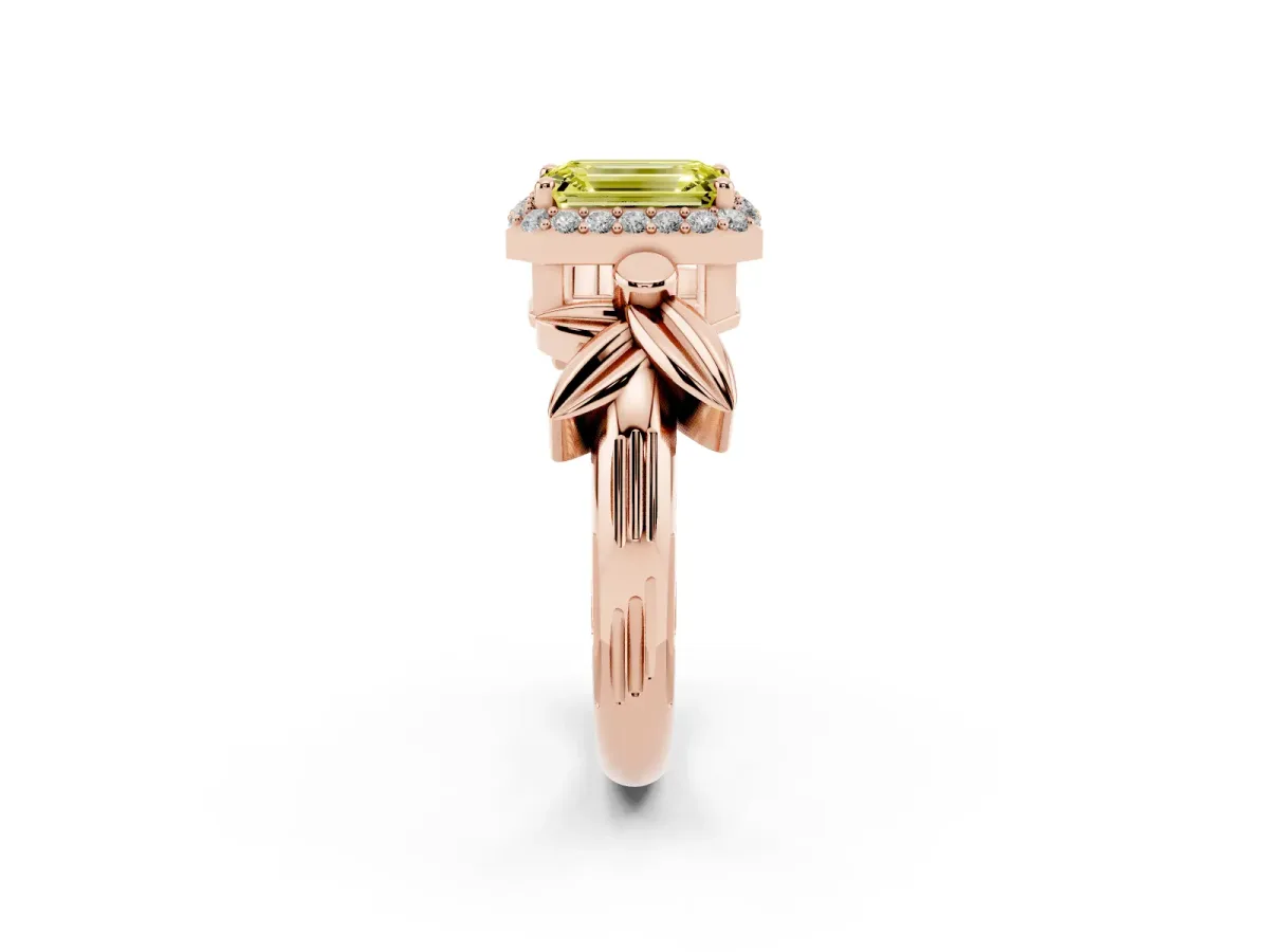 Fancy Yellow Emerald Cut Halo Diamond Floral Band with Four-Prong Setting Rose gold
