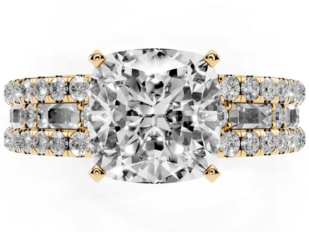 Cushion Cut Diamond Solitaire Ring with Pavé and Channel Set Band Yellow gold