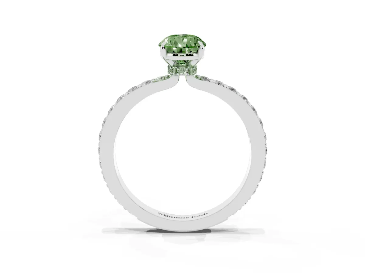 Fancy Green Pear Cut Diamond Pavé Engagement Ring with Round Accents and Prong Setting Silver