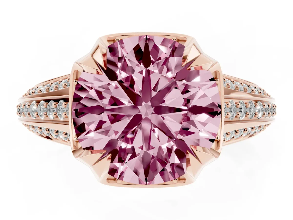 Fancy Pink Round Cut Solitaire Pave Split Shank Ring with Four-Prong Setting Rose gold