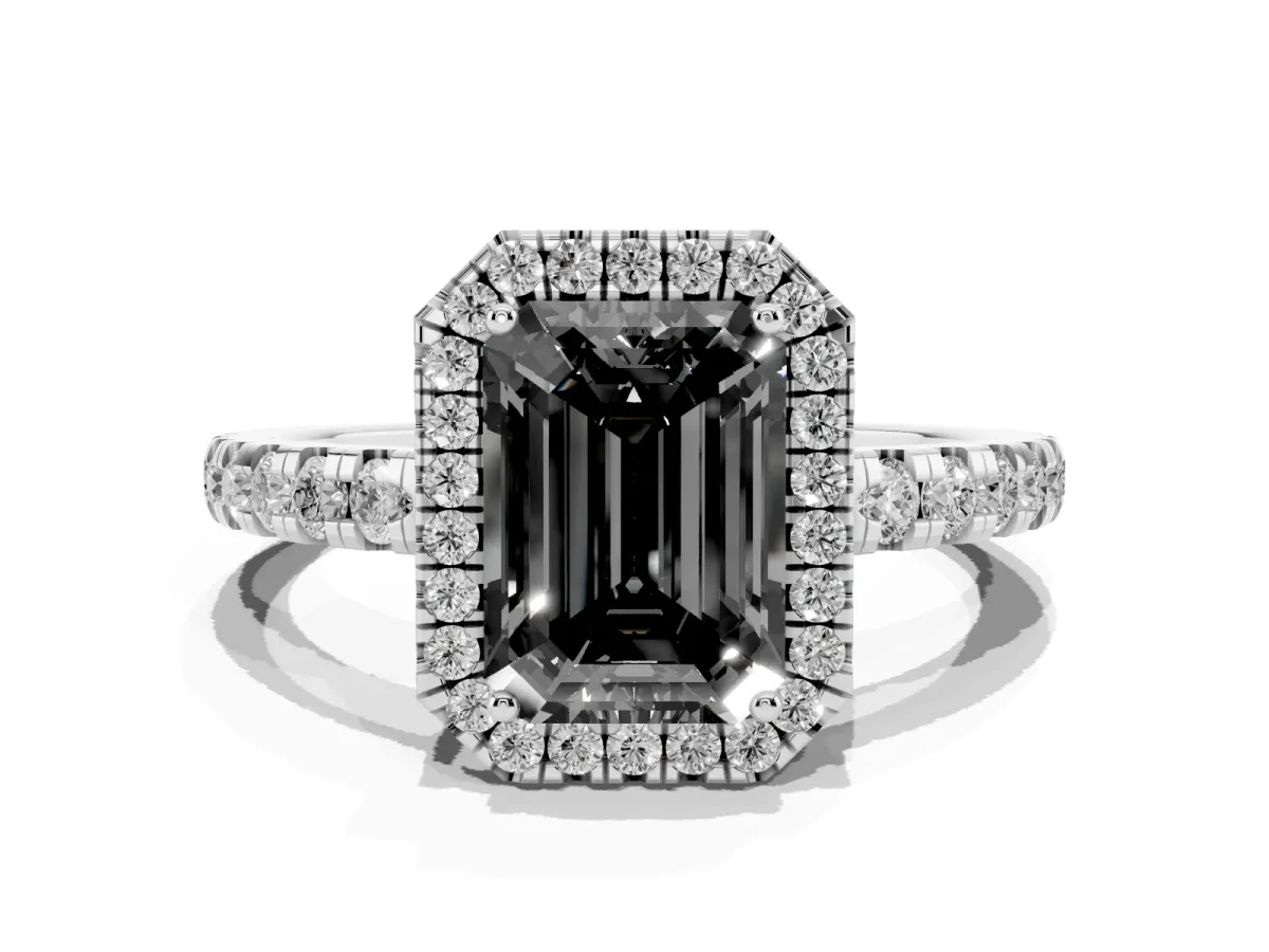 Fancy Black Emerald Cut Diamond Halo Ring with Pavé Band and Four-Prong Setting Platinum