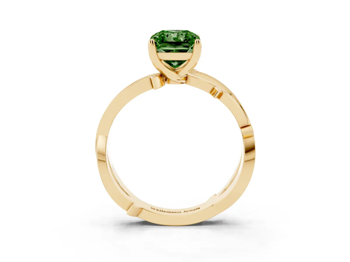 Fancy Green Radiant Cut Solitaire Twist Band with Pavé Accents and Four-Prong Setting Yellow gold