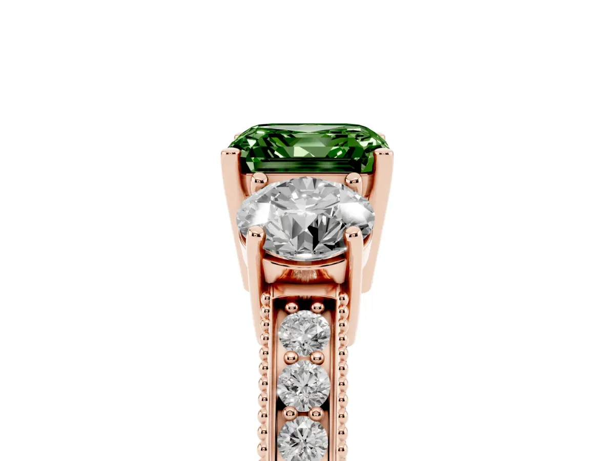 Fancy Green Asscher Cut Three-Stone Diamond Ring with Pavé Band and Four-Prong Setting Rose gold