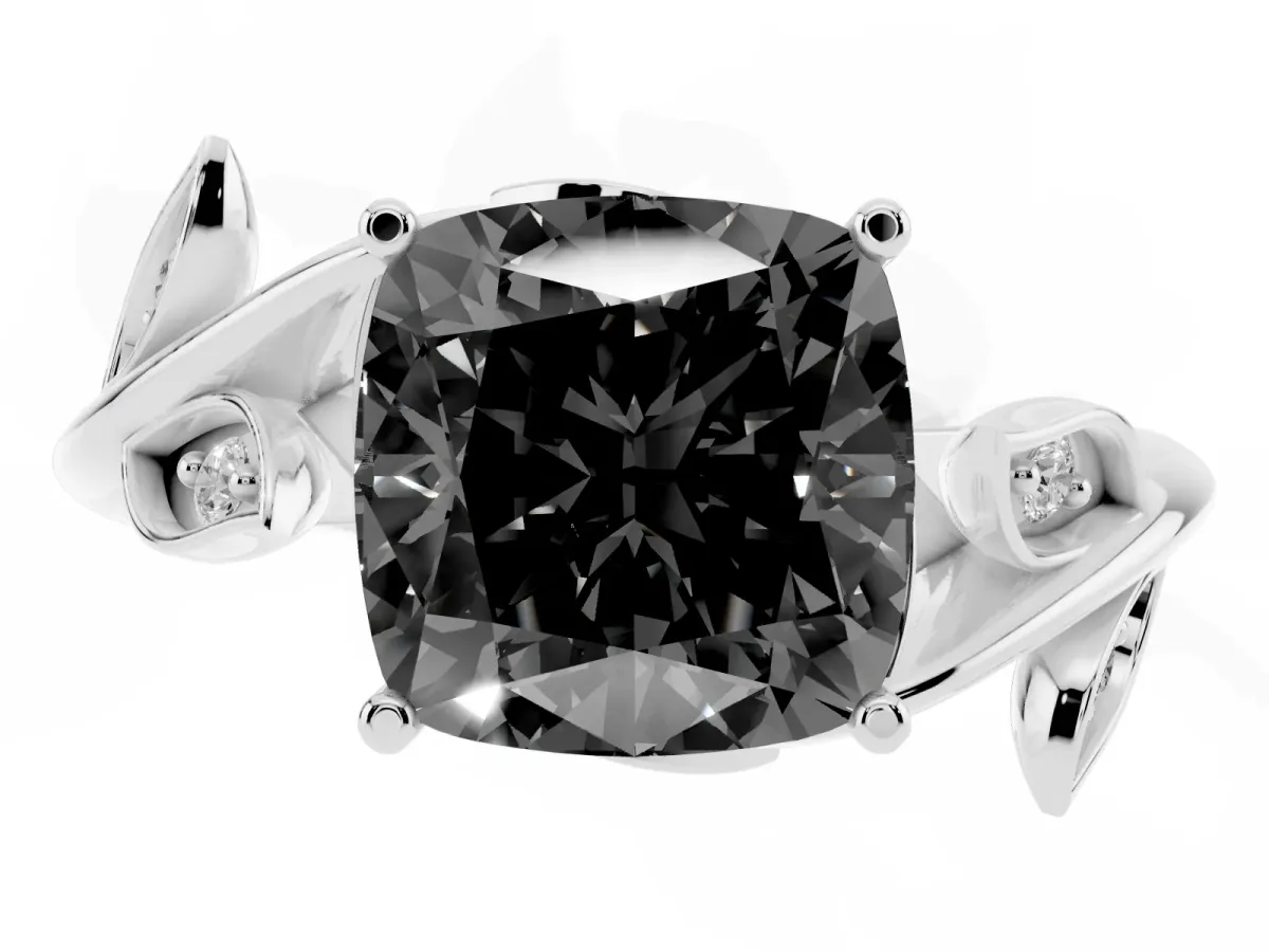 Fancy Black Cushion Cut Solitaire Twist Engagement Ring with Leaf Accents and Prong Setting Silver
