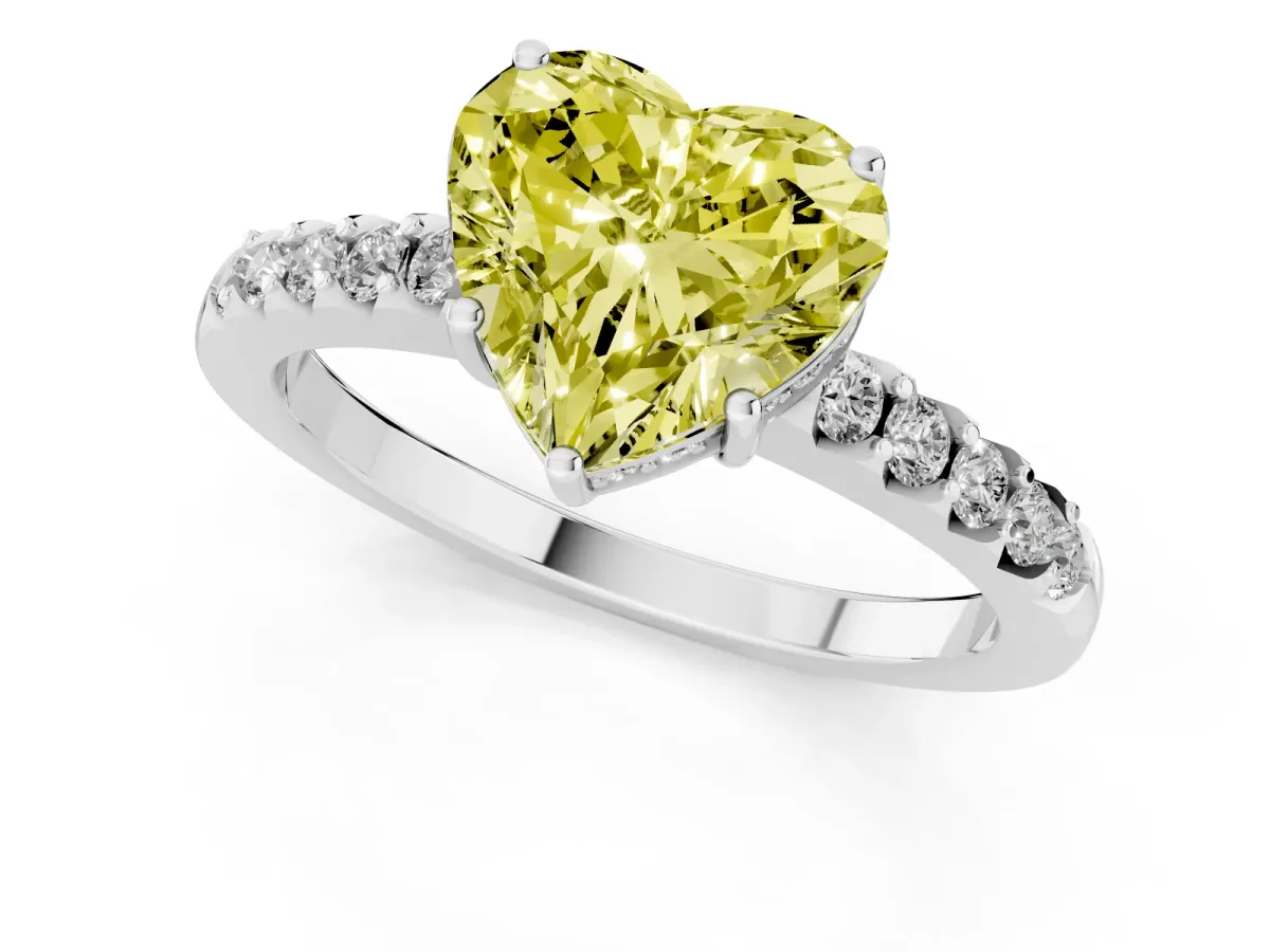 Fancy Yellow Heart Cut Solitaire Diamond Engagement Ring with Pavé Band and Six-Prong Setting Platinum