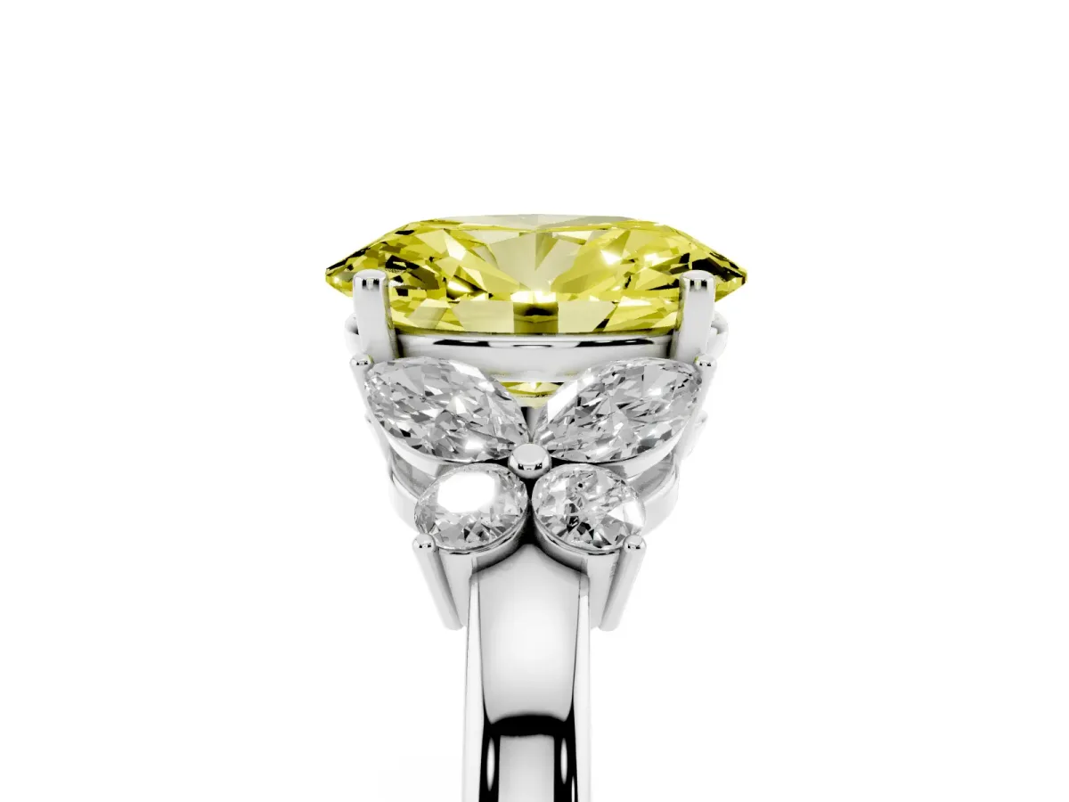 Fancy Yellow Oval Cut Cut Solitaire Floral Diamond Ring with Four-Prong Setting Platinum