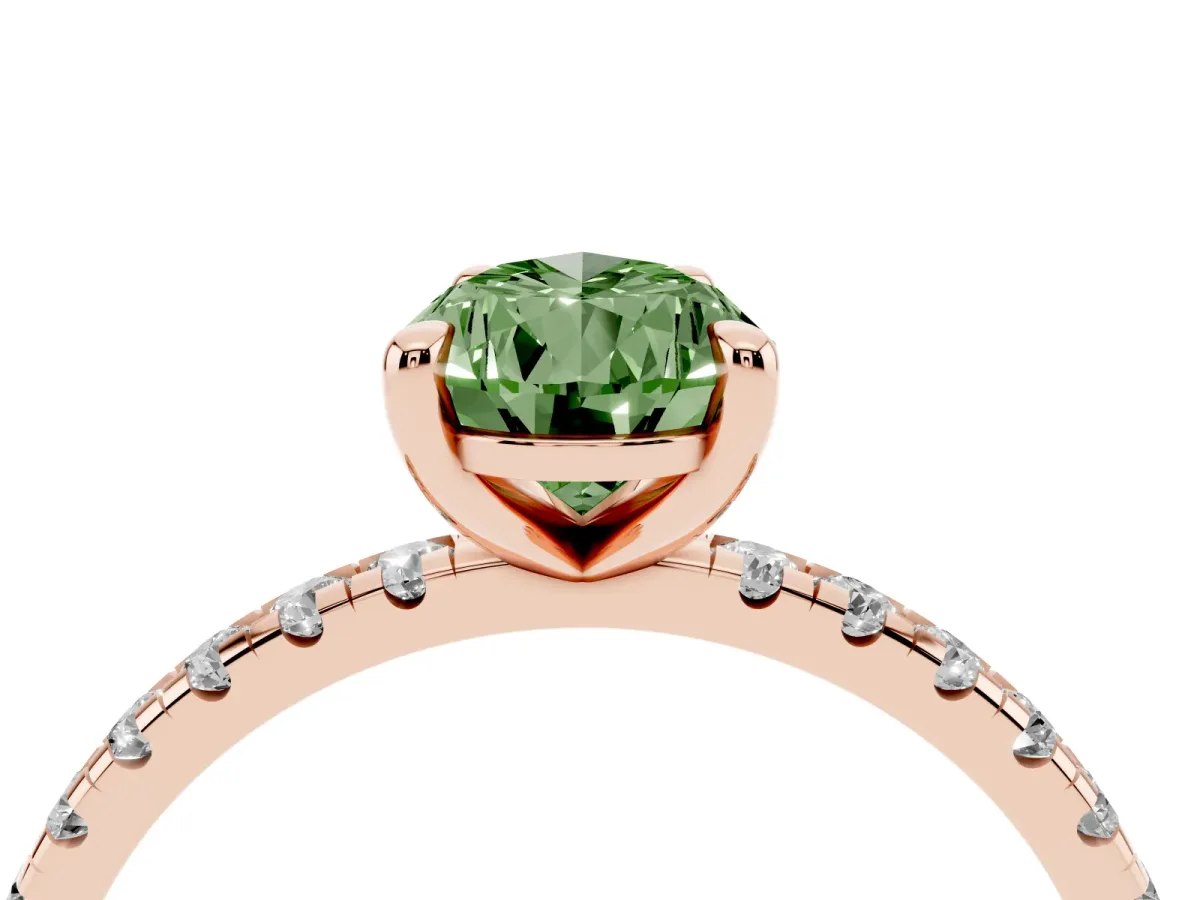 Fancy Green Pear Cut Diamond Brilliant Solitaire Ring with Pavé Band and Four-Prong Setting Rose gold