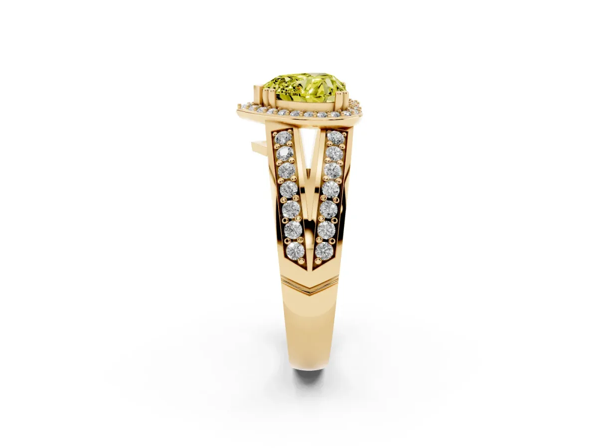Fancy Yellow Heart Cut Diamond Halo Ring with Split Shank Pavé Band and Four-Prong Setting Yellow gold