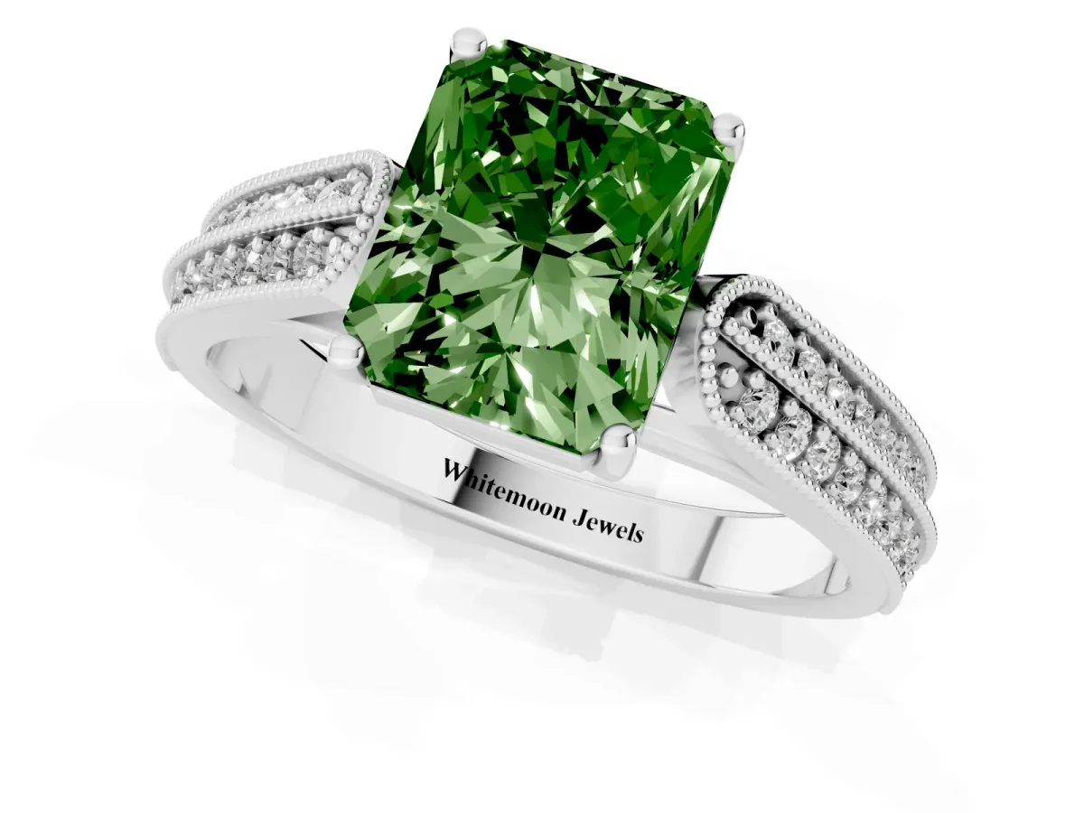 Fancy Green Radiant Cut Cut Pave Split Shank Engagement Ring with Four-Prong Setting Silver