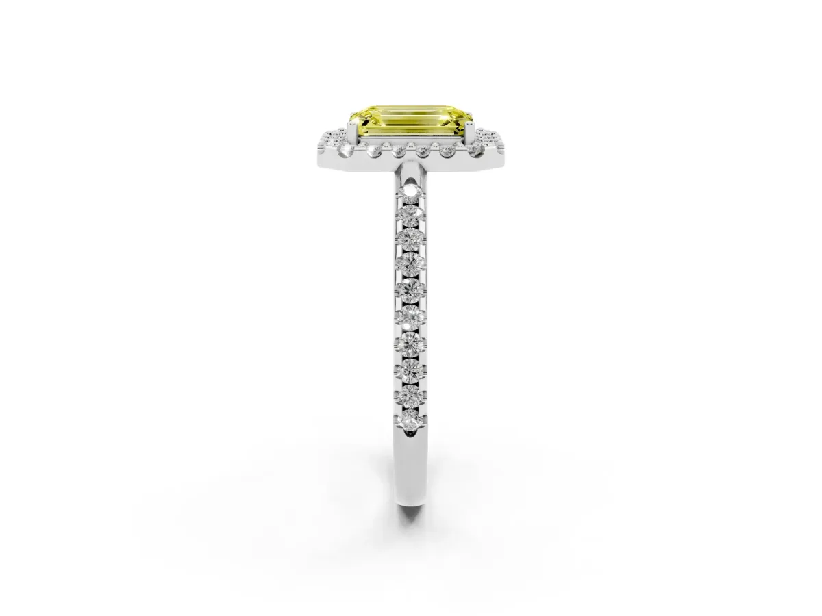 Fancy Yellow Emerald Cut Diamond Pavé Halo Ring with Four-Prong Setting Silver