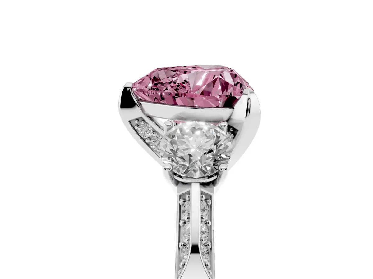 Fancy Pink Heart Cut Brilliant Three-Stone Diamond Ring with Pavé Band and Four-Prong Setting White gold
