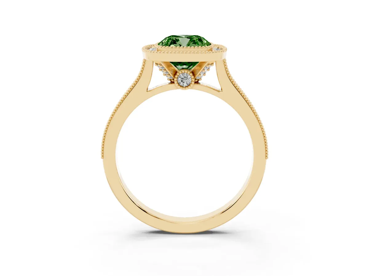 Fancy Green Halo Cushion Cut-Cut Diamond Pave Band Milgrain Prong Setting Ring Yellow gold