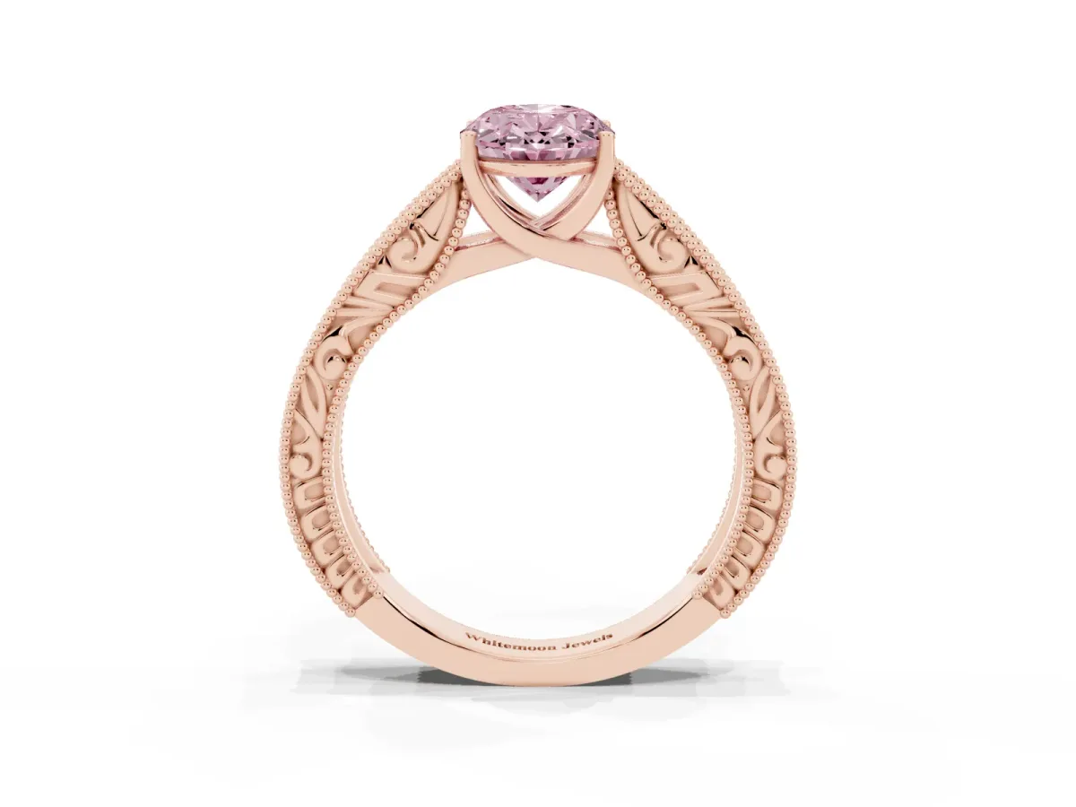 Fancy Pink Oval Cut Diamond Solitaire Ring with Engraved Band and Four-Prong Setting Rose gold