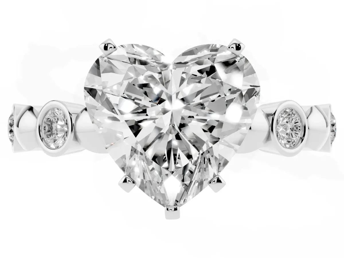Heart Cut Solitaire Bezel-Set Diamond Ring with Beaded Band and Four-Prong Setting Silver