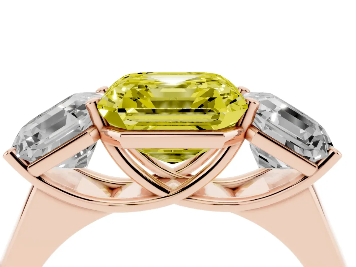 Fancy Yellow Asscher Cut Three-Stone Diamond Ring with Prong Setting on a Classic Band Rose gold