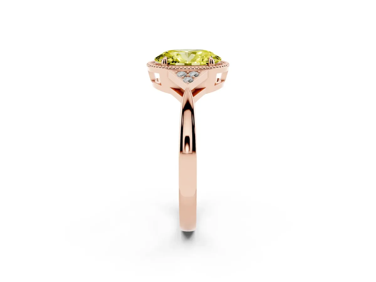 Fancy Yellow Oval Cut Diamond Halo Ring with Tapered Band and Four-Prong Setting Rose gold
