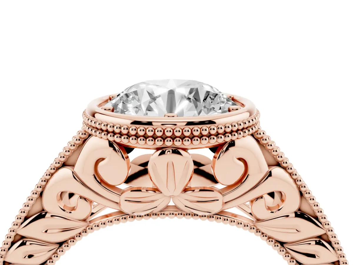 Bezel Set Round Cut Diamond Milgrain Pave Engagement Ring Rose gold