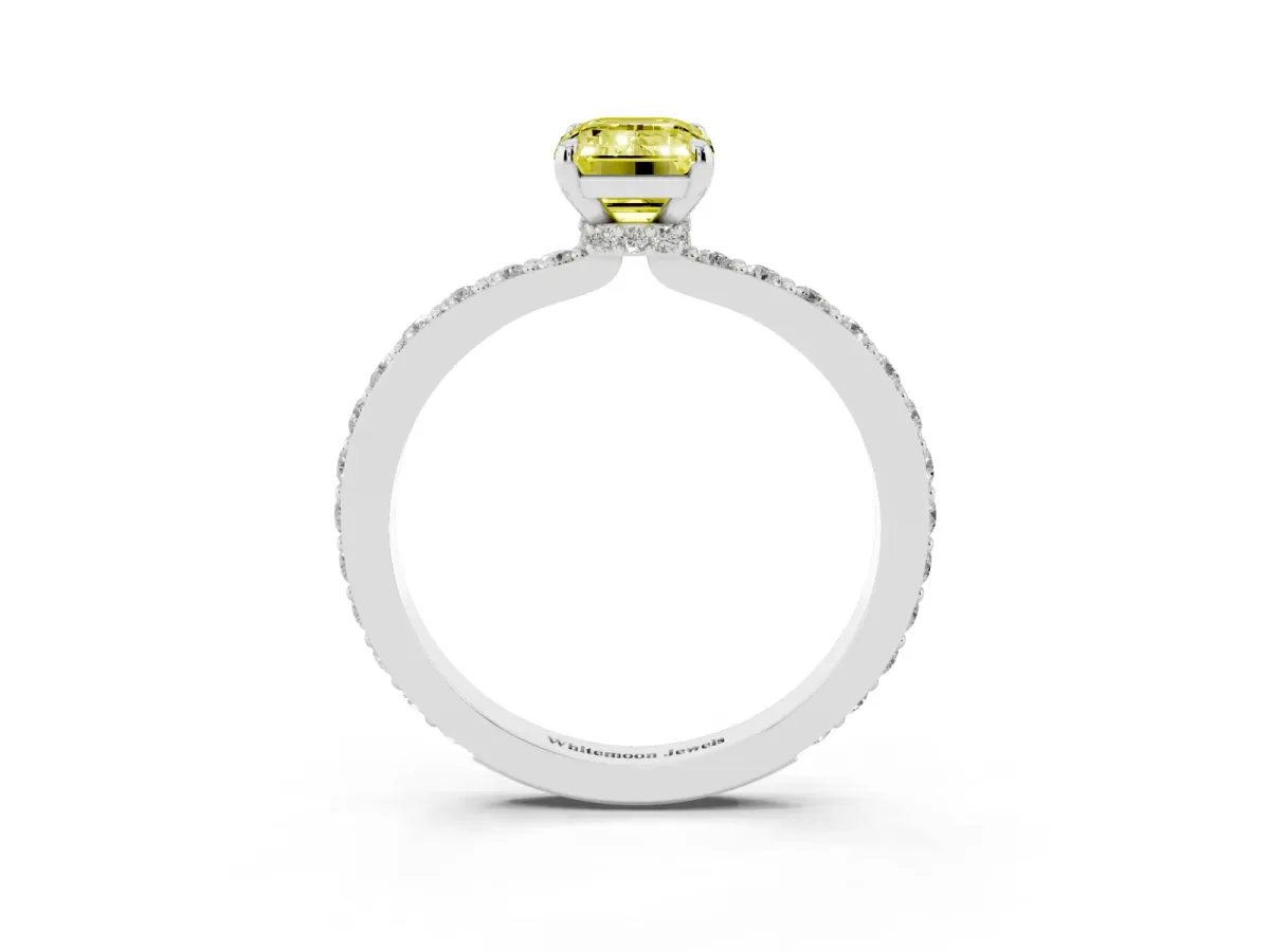 Fancy Yellow Emerald Cut Diamond Pavé Engagement Ring with Round Accents and Prong Setting Platinum