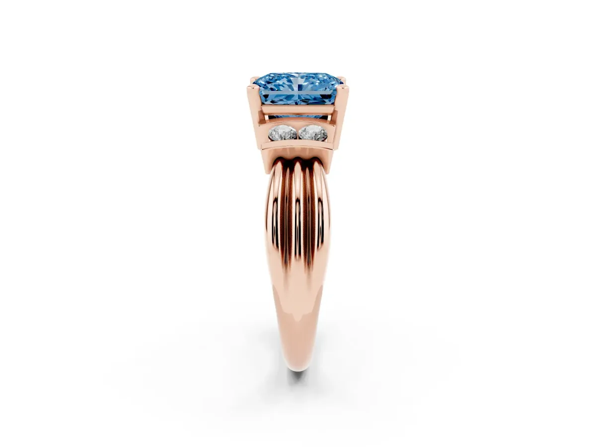Fancy Blue Radiant Cut Cut Three-Stone Channel Set Ring with Bar Prongs Rose gold
