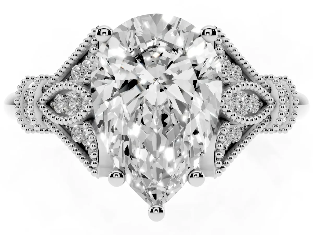 Pear Cut Diamond Solitaire Ring with Floral Filigree and Pave Accents Silver
