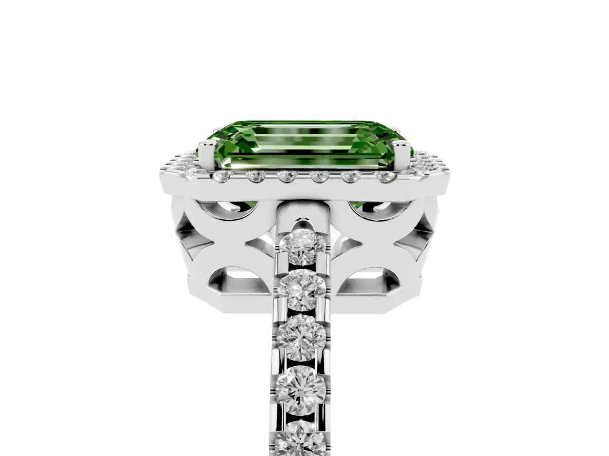 Fancy Green Emerald Cut Diamond Halo Engagement Ring with Pavé Band and Prong Setting Platinum