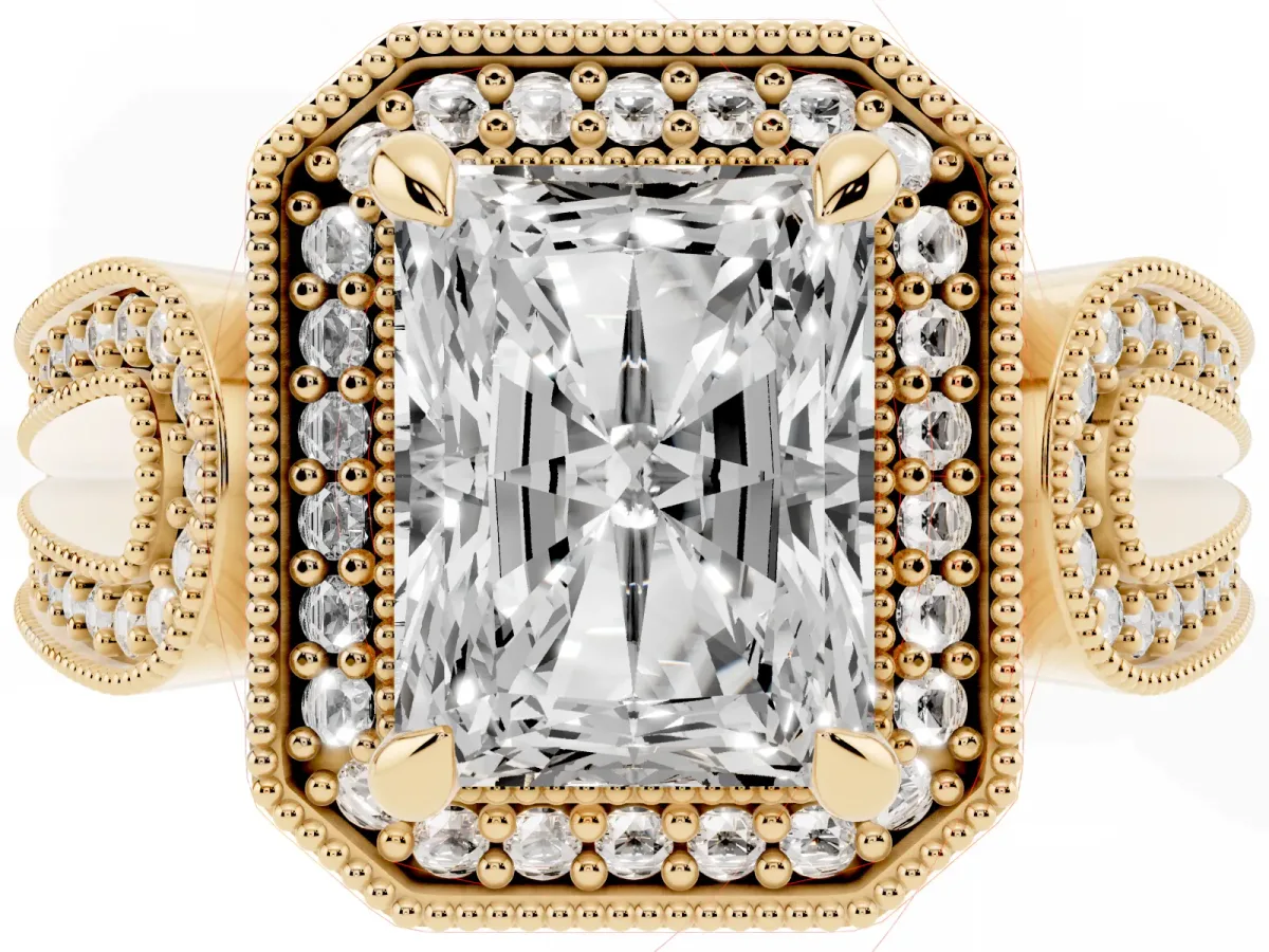 Radiant Cut Halo Split Shank Milgrain Diamond Ring Yellow gold