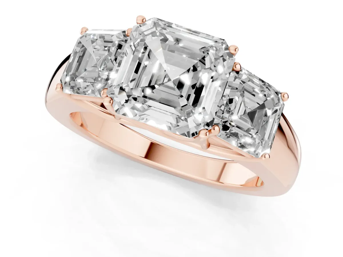 Three-Stone Asscher Cut Cut Diamond Ring with Prong Setting and Classic Band Rose gold