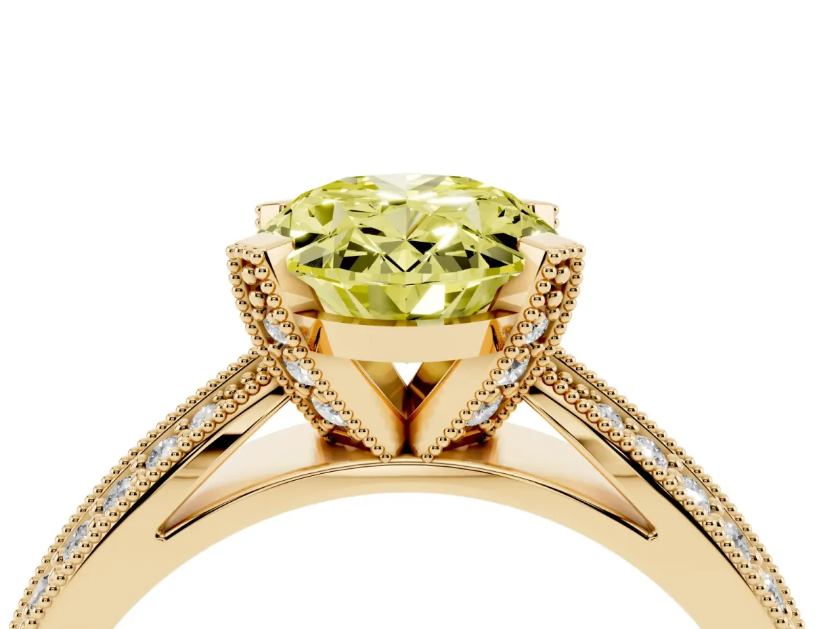 Fancy Yellow Oval Cut Diamond Solitaire Ring with Milgrain Round Pavé Band and Prong Setting Yellow gold