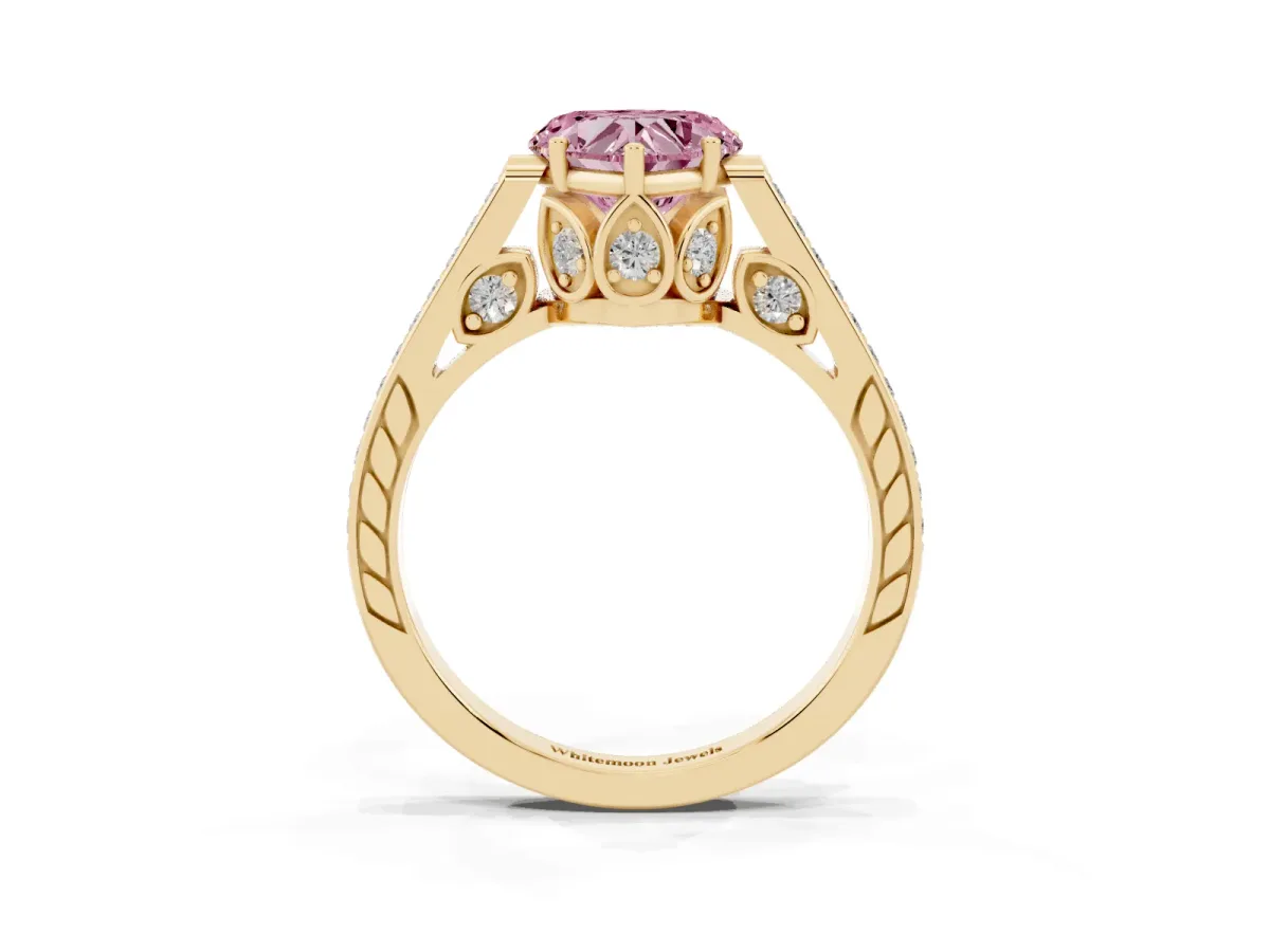 Fancy Pink Heart Cut Cut Cathedral Pave Diamond Engagement Ring with Six-Prong Setting Yellow gold