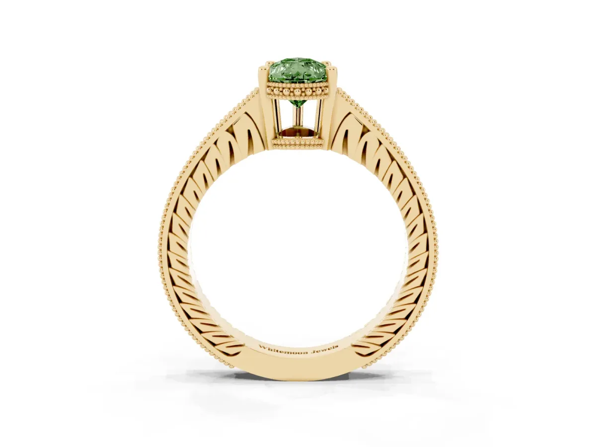 Fancy Green Pear Cut Solitaire Pavé Diamond Milgrain Engagement Ring with Four-Prong Setting Yellow gold