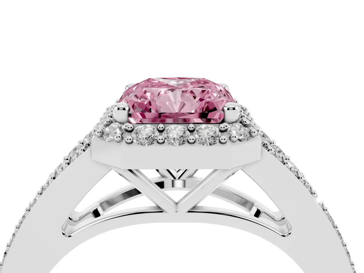 Fancy Pink Radiant Cut Halo Split Shank Diamond Ring with Prong Setting Silver