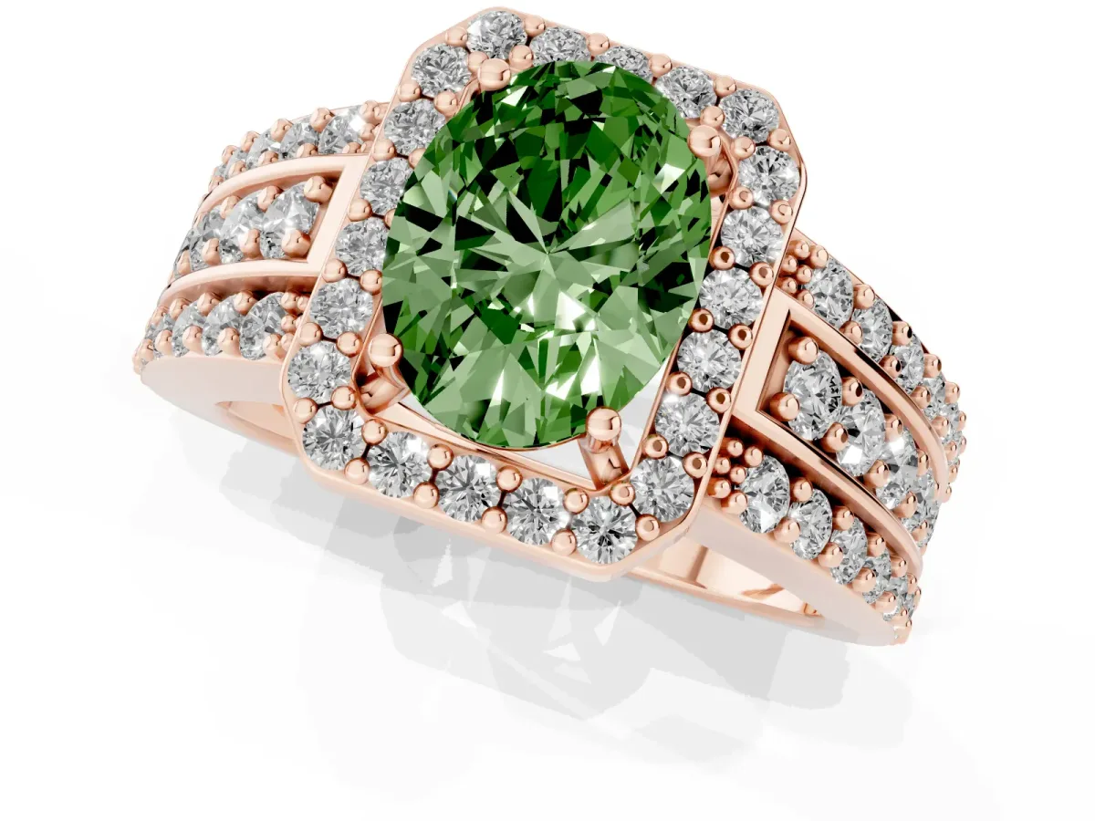 Fancy Green Oval Cut Halo Diamond Ring with Round Split Shank and Prong Setting Rose gold