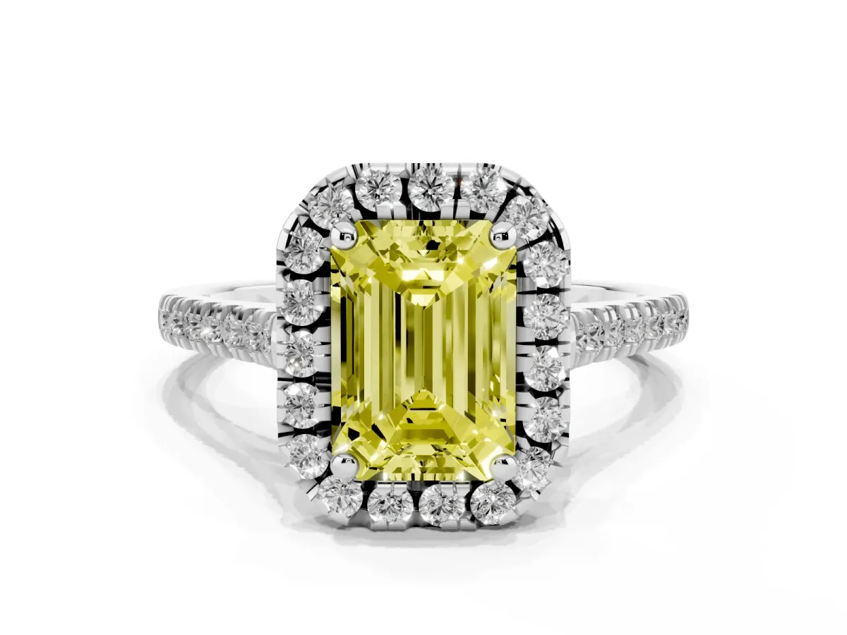 Fancy Yellow Emerald Cut Diamond Cushion Halo Ring with Pavé Band Silver