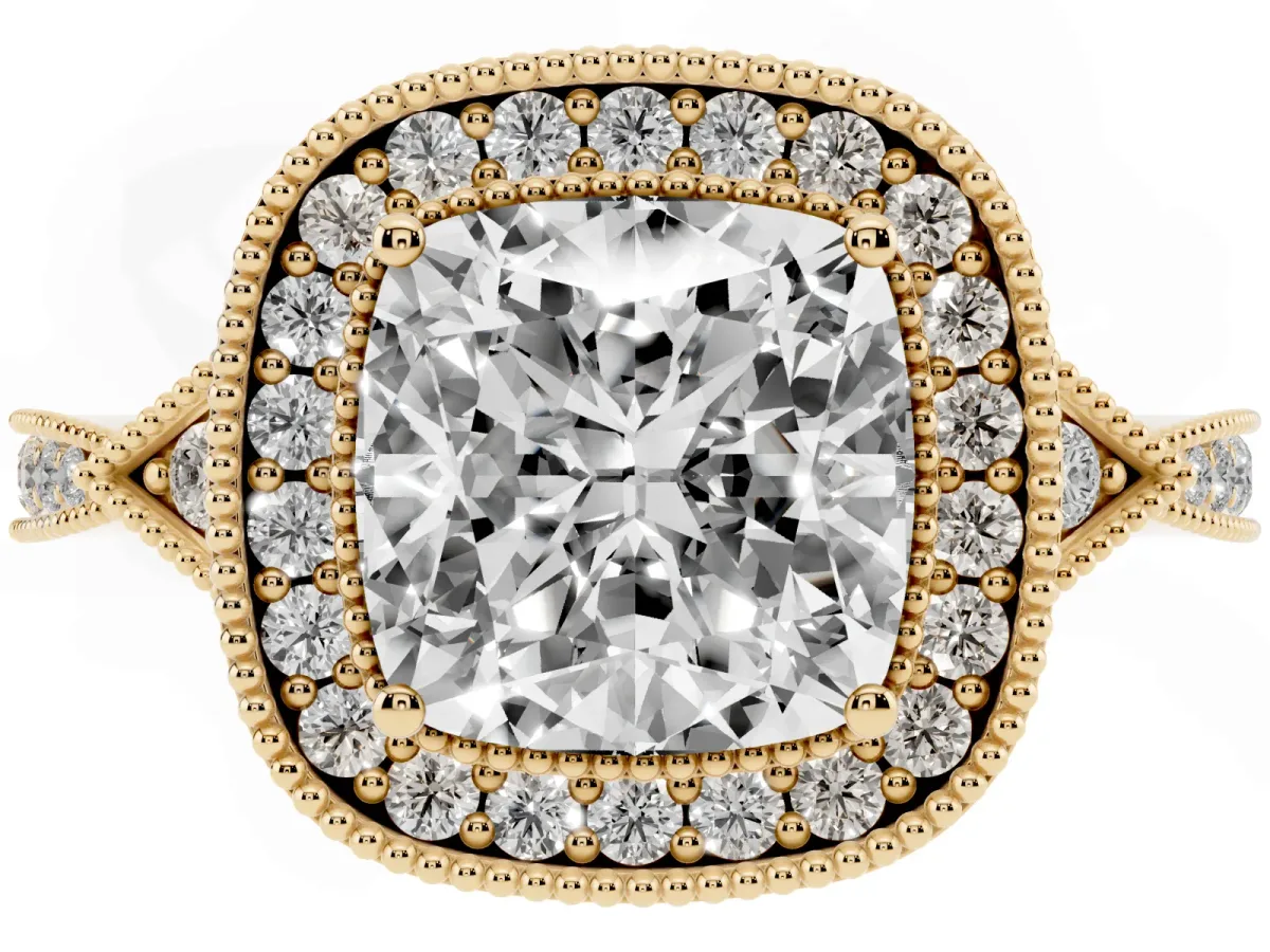 Cushion Cut Halo Round Diamond Milgrain Pave Engagement Ring Yellow gold