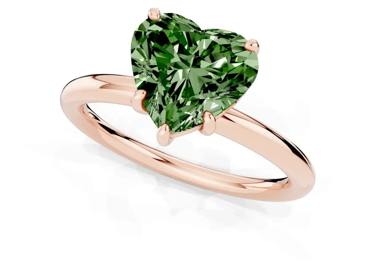 Fancy Green Heart Cut Solitaire Diamond Ring with Four-Prong Setting on a Plain Band Rose gold